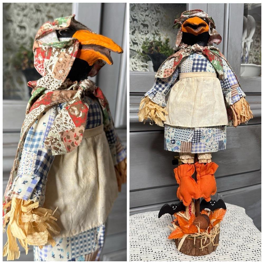 VTG Primitive Handmade Crow Paper Mache Scarecrow Folk Art Bats Halloween Fall